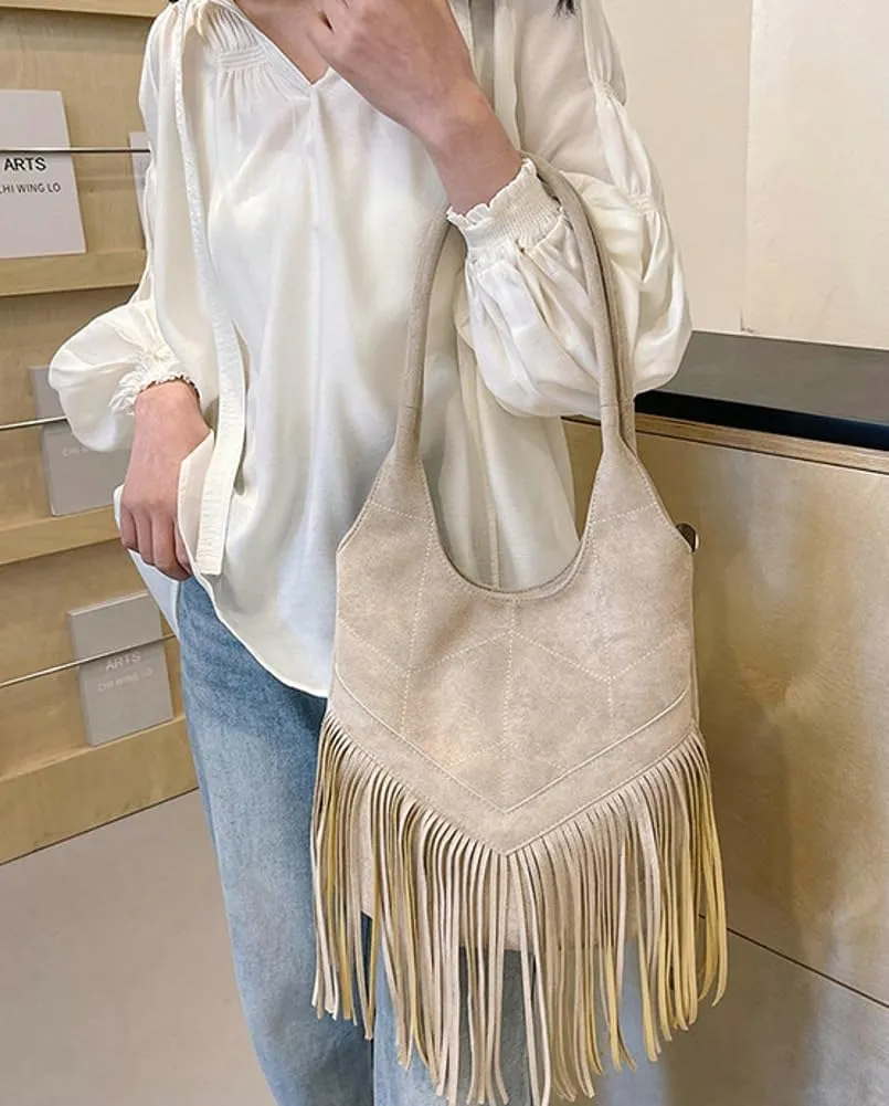 Suede Shoulder Tote Bag for Women Soft Large Purse Trendy Top Handle Satchel Travel Handbag with Tassels