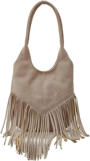 Suede Shoulder Tote Bag for Women Soft Large Purse Trendy Top Handle Satchel Travel Handbag with Tassels