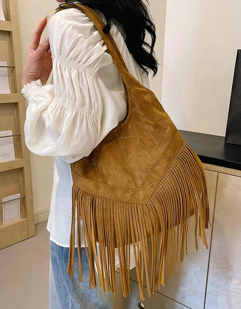 Suede Shoulder Tote Bag for Women Soft Large Purse Trendy Top Handle Satchel Travel Handbag with Tassels