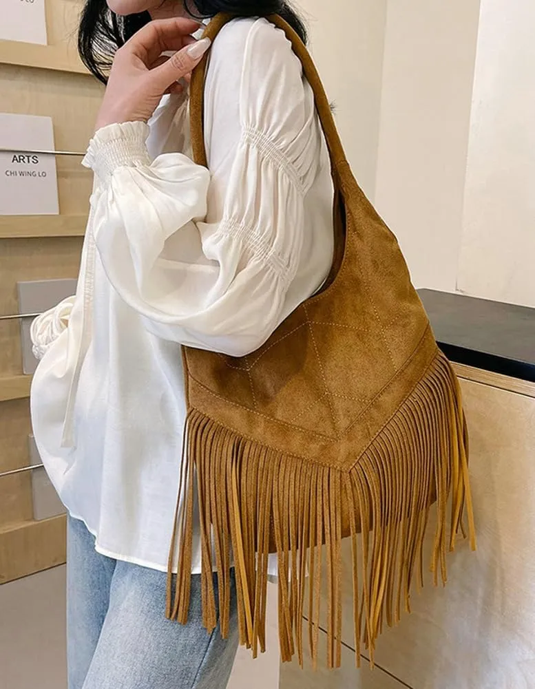 Suede Shoulder Tote Bag for Women Soft Large Purse Trendy Top Handle Satchel Travel Handbag with Tassels