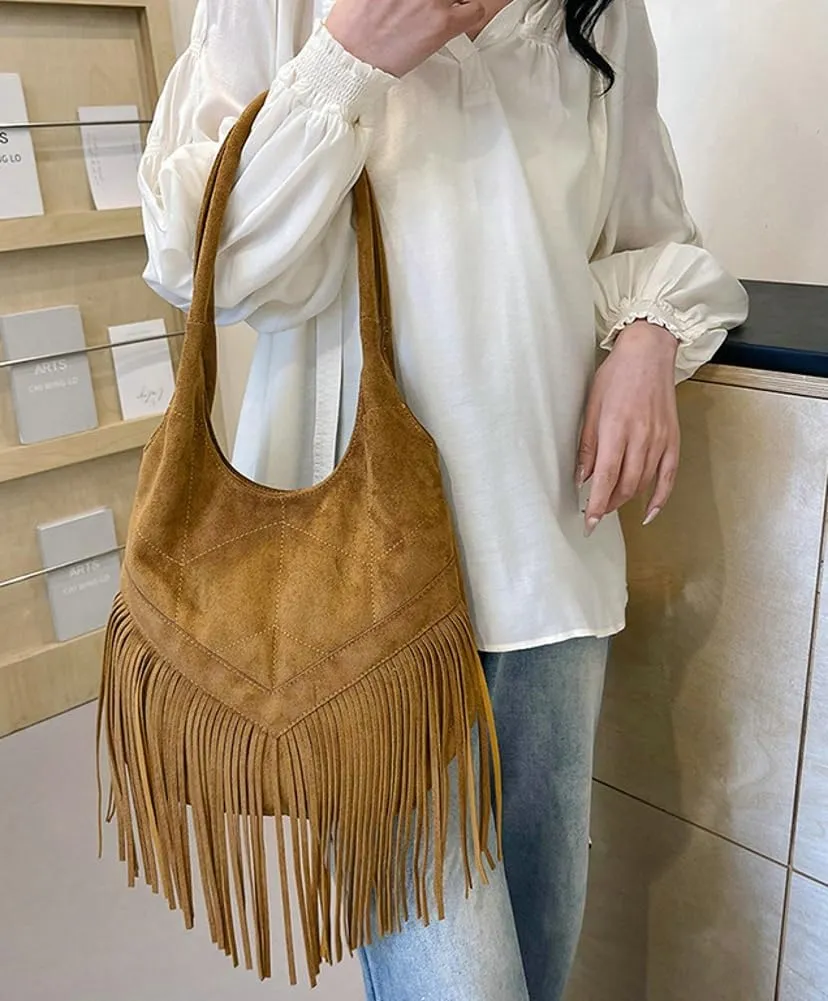 Suede Shoulder Tote Bag for Women Soft Large Purse Trendy Top Handle Satchel Travel Handbag with Tassels