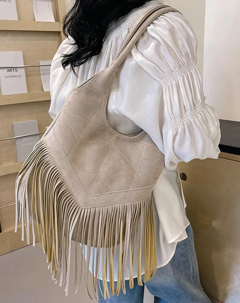 Suede Shoulder Tote Bag for Women Soft Large Purse Trendy Top Handle Satchel Travel Handbag with Tassels