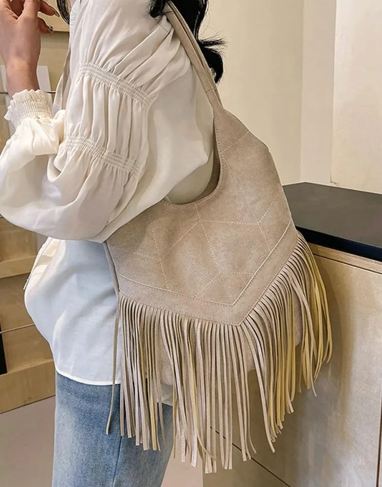 Suede Shoulder Tote Bag for Women Soft Large Purse Trendy Top Handle Satchel Travel Handbag with Tassels