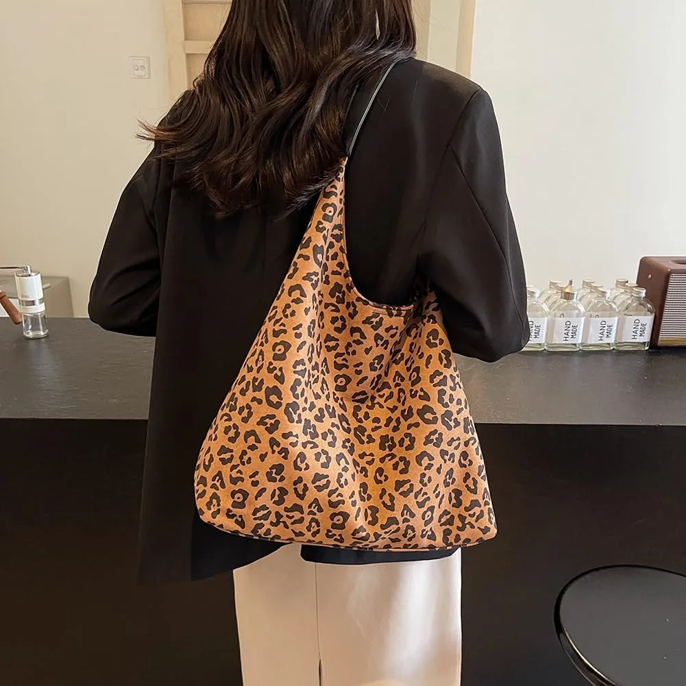 Suede Tote Bag for Women With Leopard Print Slouchy Hobo and Small Purse - Oversize Work Office Tote