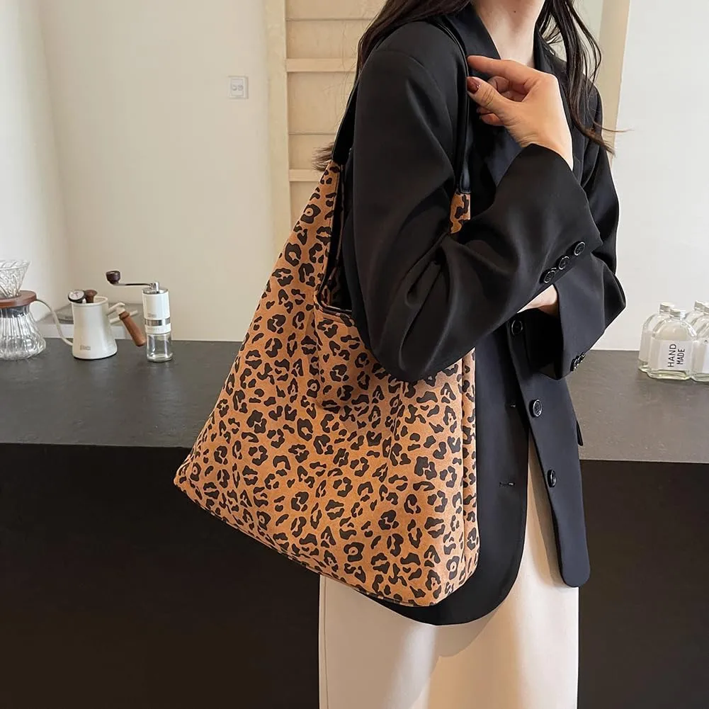 Suede Tote Bag for Women With Leopard Print Slouchy Hobo and Small Purse - Oversize Work Office Tote