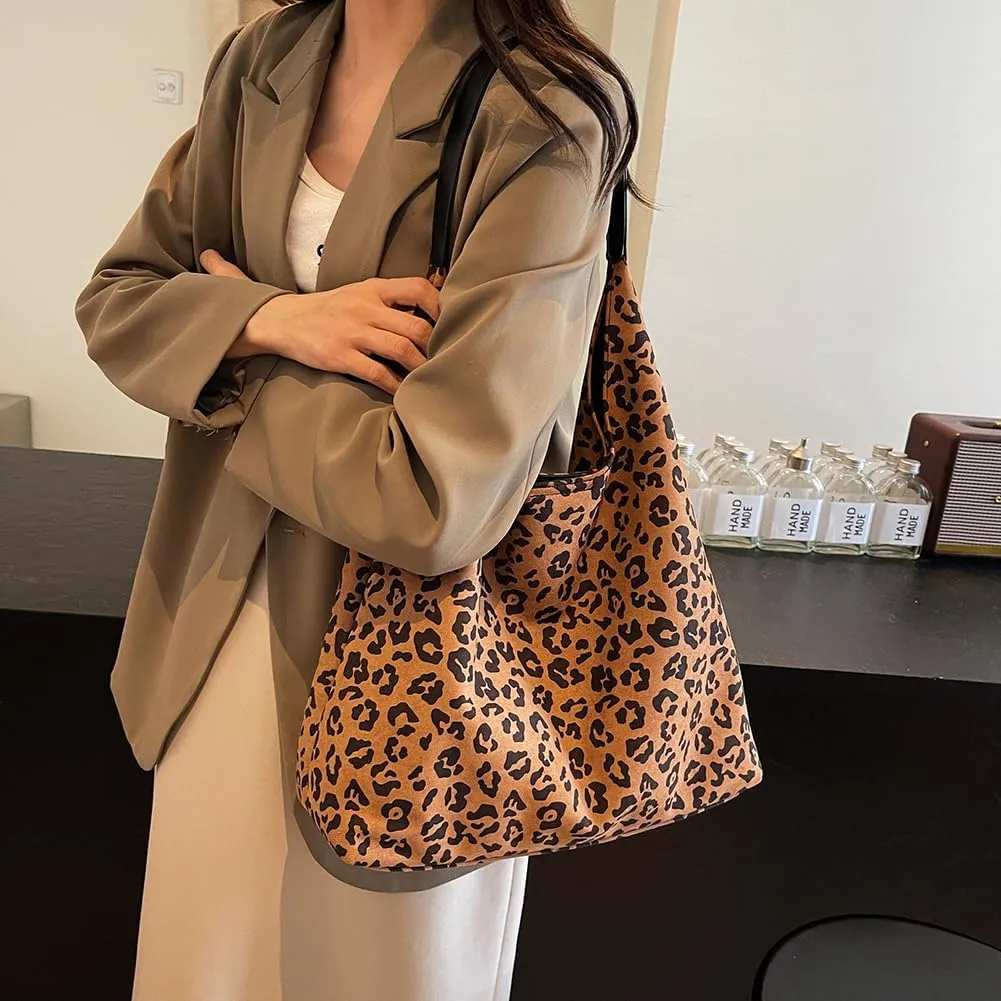 Suede Tote Bag for Women With Leopard Print Slouchy Hobo and Small Purse - Oversize Work Office Tote
