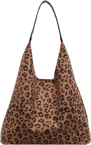 Suede Tote Bag for Women With Leopard Print Slouchy Hobo and Small Purse - Oversize Work Office Tote