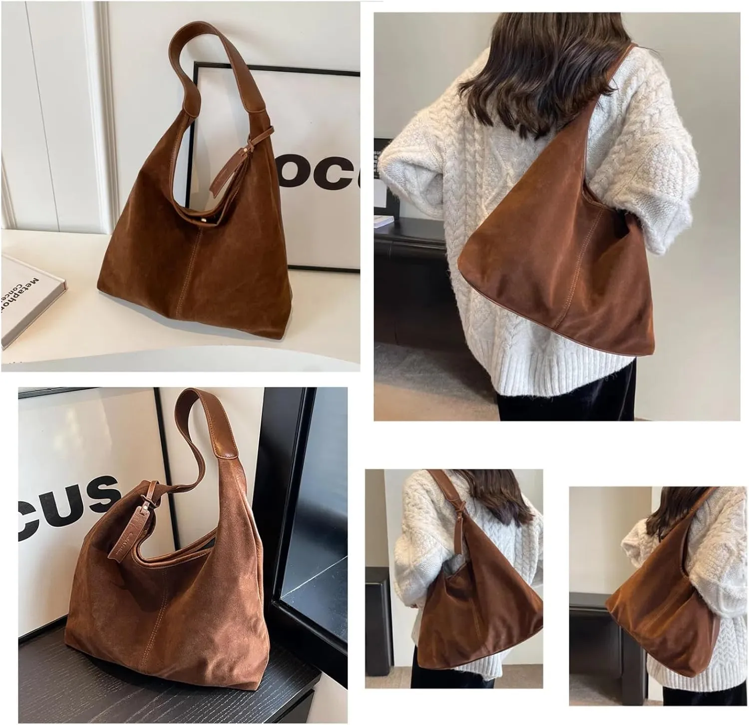 Suede Tote Bag for Women, Womens Purse Slouchy Hobo Handbag Brown Retro Top Handle Bag, Fashion Shoulder Satchel Work Bags