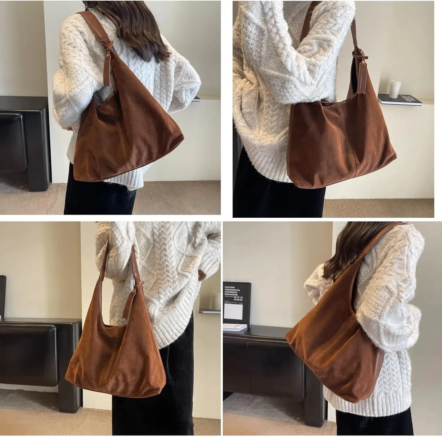 Suede Tote Bag for Women, Womens Purse Slouchy Hobo Handbag Brown Retro Top Handle Bag, Fashion Shoulder Satchel Work Bags