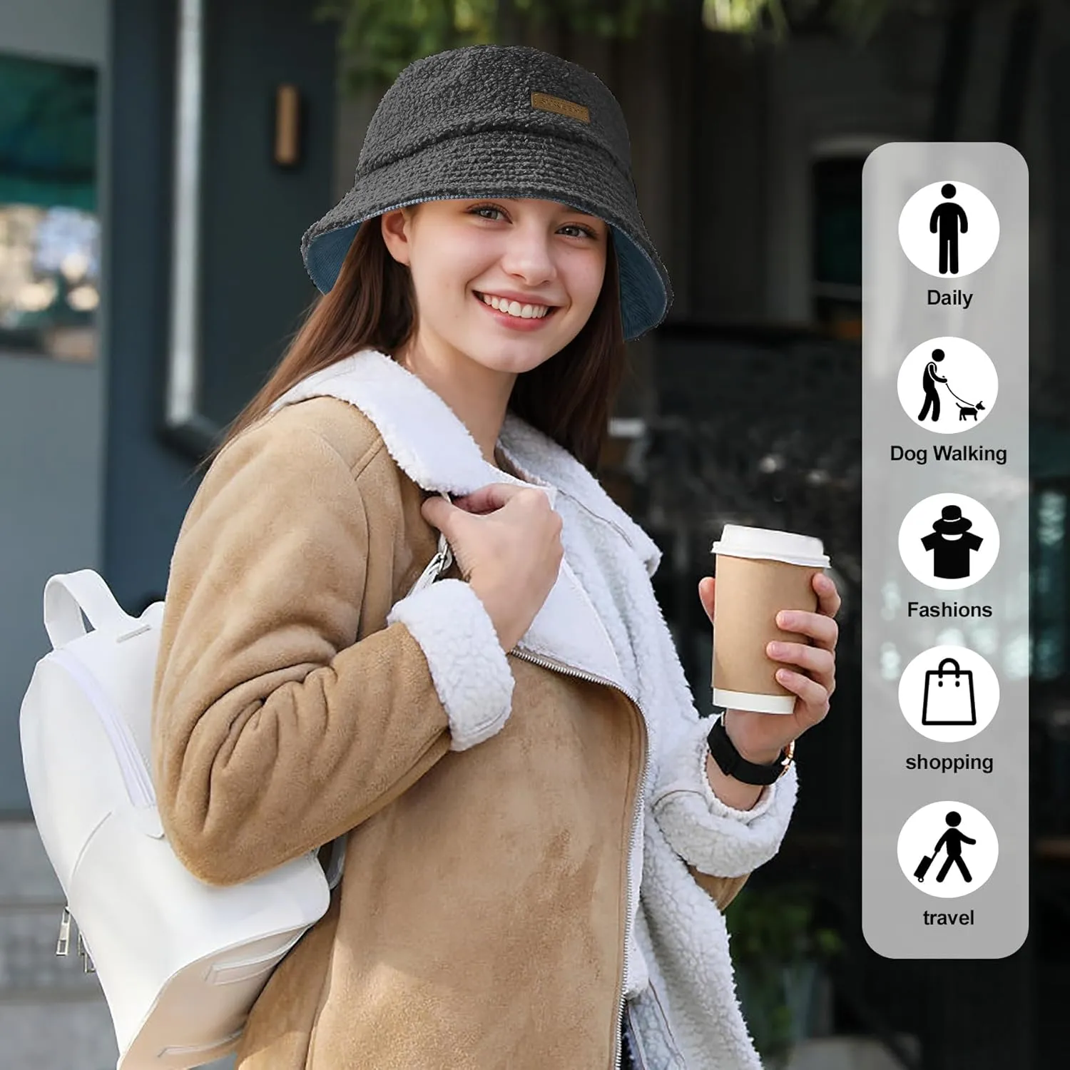 Sukeen Winter Bucket Hat for Women Men Double Side Wear Warm Hat Faux Fur Plush Winter Hat Trendy Fisherman Cap for Daily