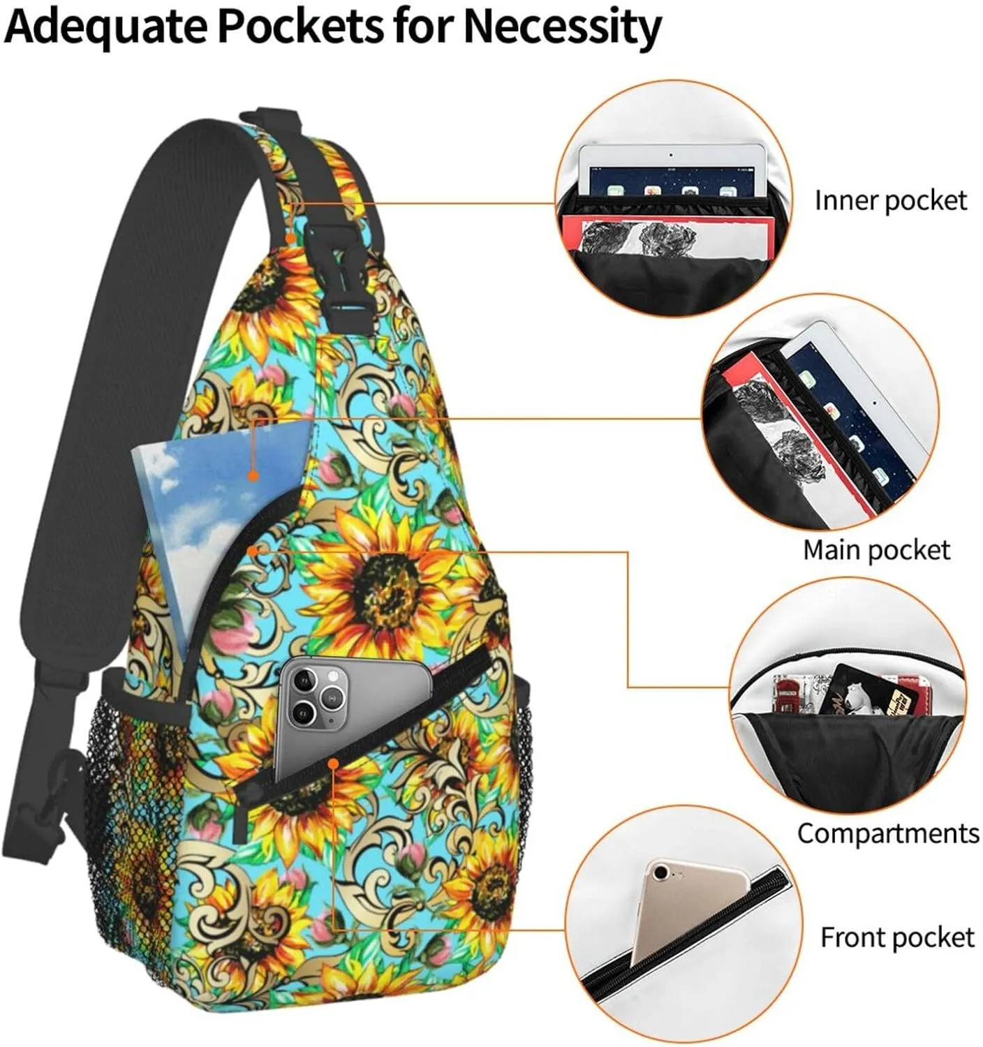 Sunflowers With Poppies Acanthus Chest Sling Bag Crossbody Shoulder Backpack Bag Gym Cycling Daypack Travel Hiking Cross Bag