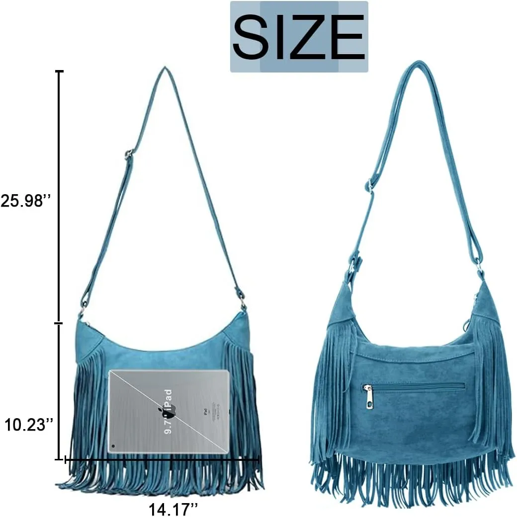 Sunwel Fashion Women Fringe Hobo Bag Western Purse Shoulder Bag Vegan Suede Tassel Hippie Crossbody Bag
