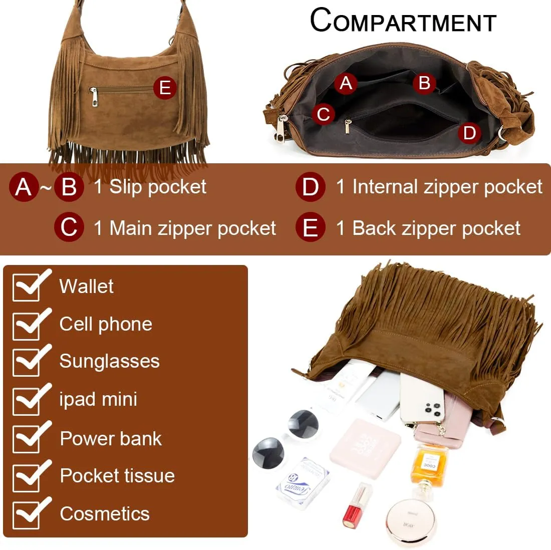 Sunwel Fashion Women Fringe Hobo Bag Western Purse Shoulder Bag Vegan Suede Tassel Hippie Crossbody Bag
