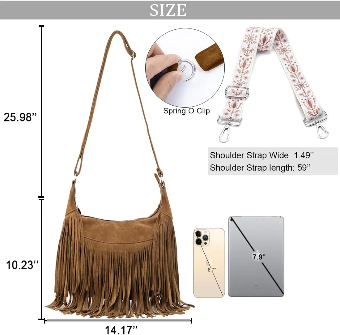 Sunwel Fashion Women Fringe Hobo Bag Western Purse Shoulder Bag Vegan Suede Tassel Hippie Crossbody Bag