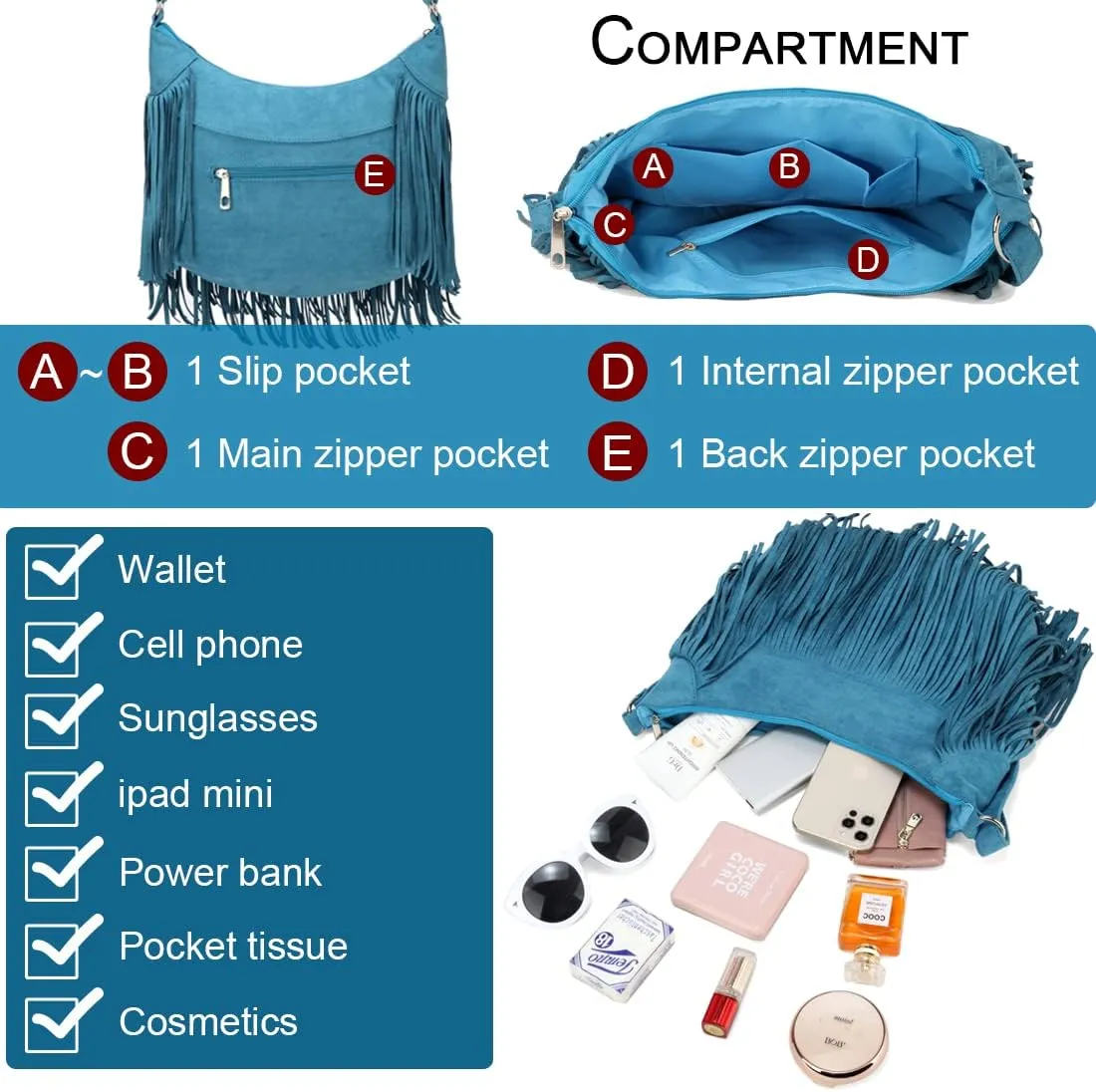 Sunwel Fashion Women Fringe Hobo Bag Western Purse Shoulder Bag Vegan Suede Tassel Hippie Crossbody Bag