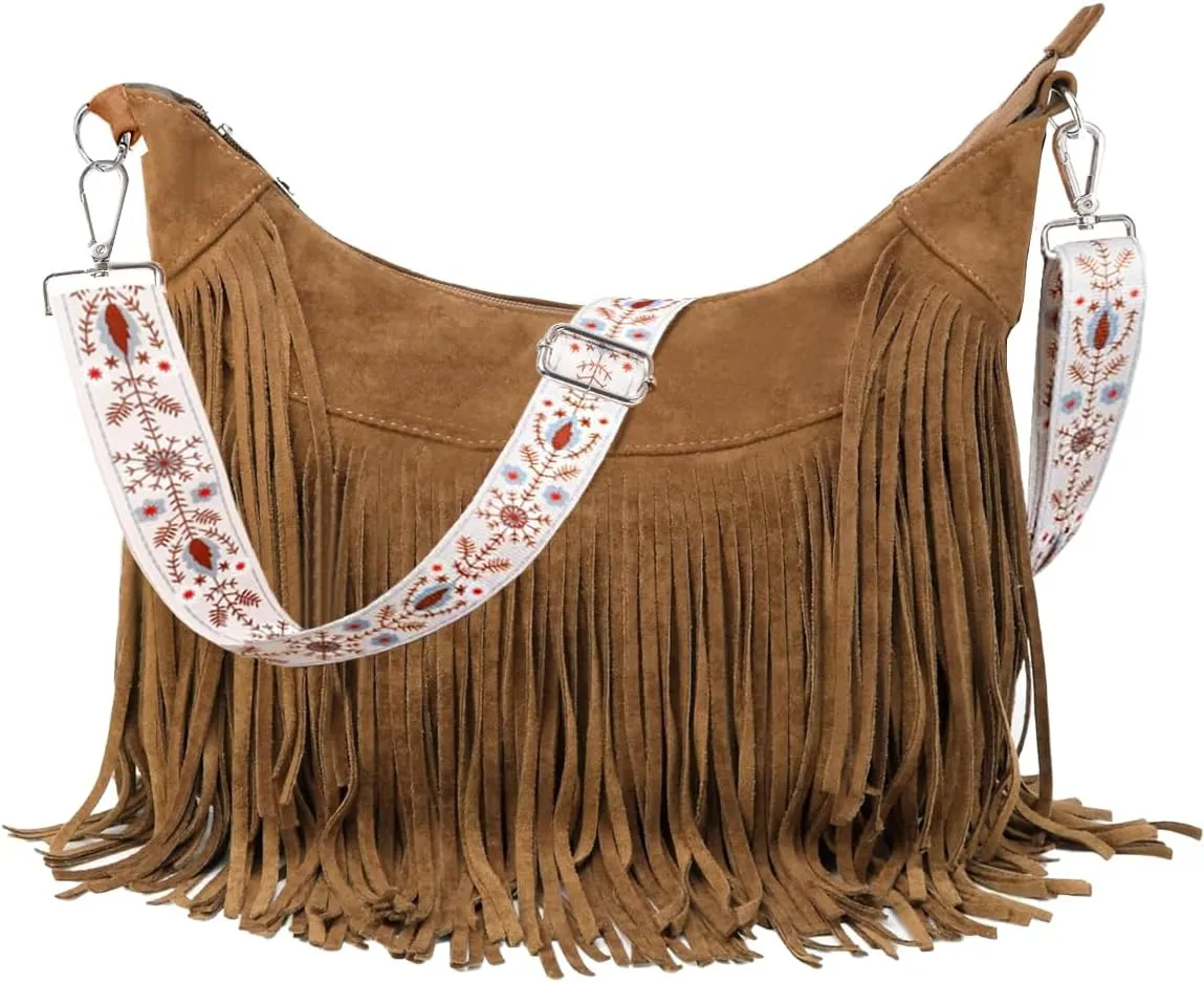 Sunwel Fashion Women Fringe Hobo Bag Western Purse Shoulder Bag Vegan Suede Tassel Hippie Crossbody Bag