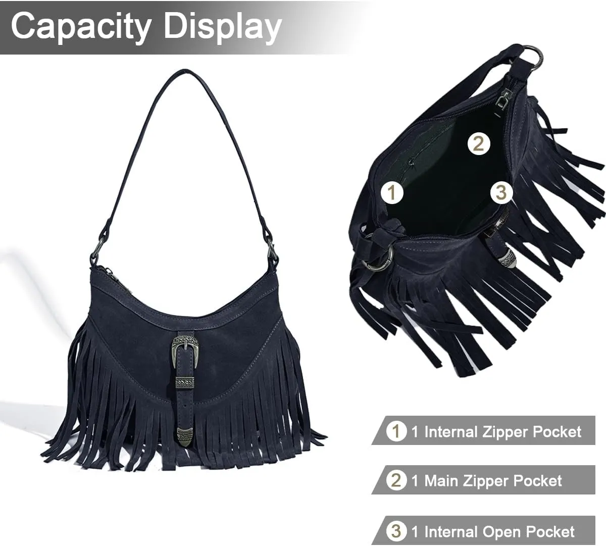 Sunwel Fashion Women Western Small Fringe Underarm Purse Shoulder Bag Vegan Suede Hippie Crossbody Bag with Tassel