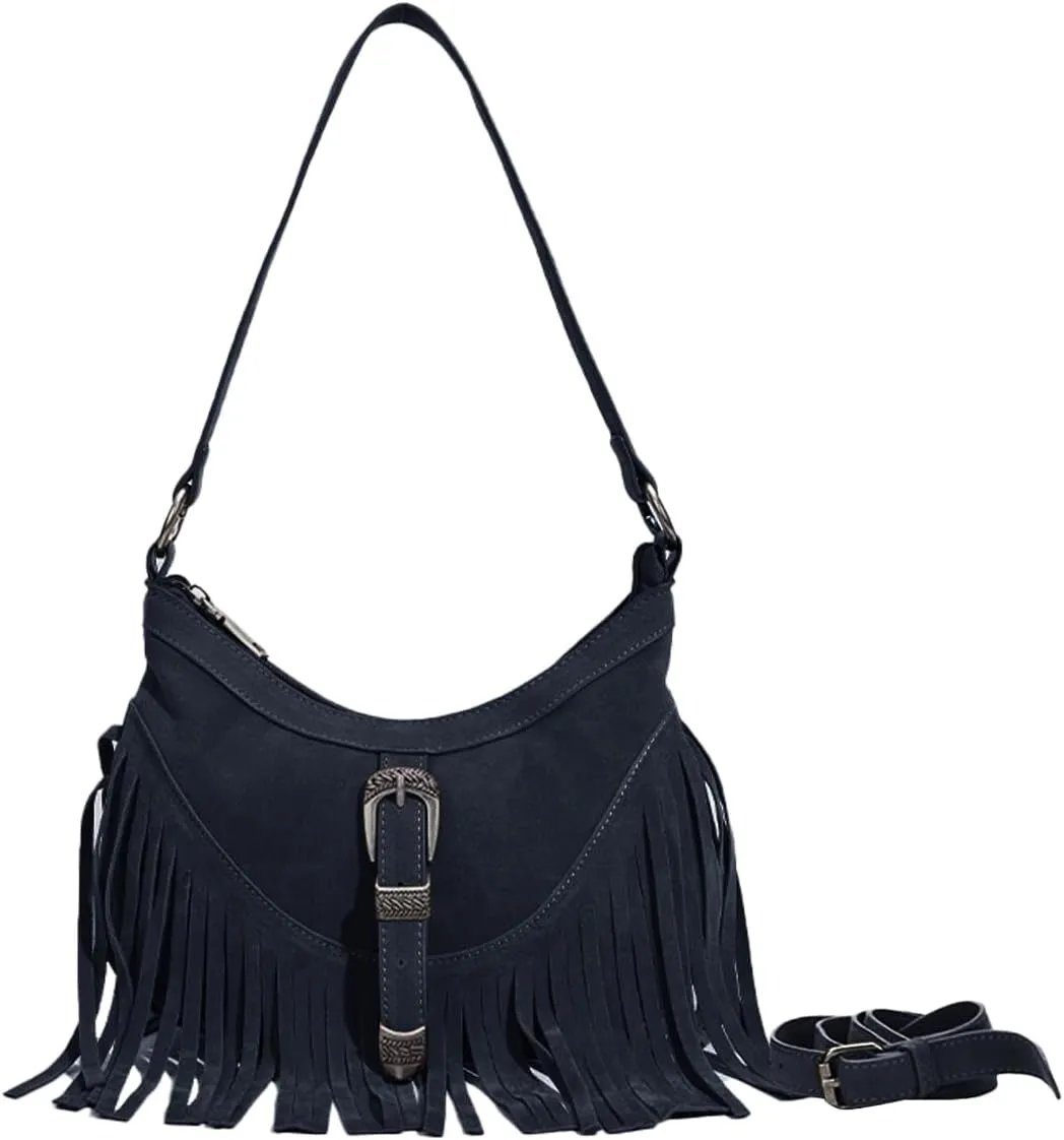 Sunwel Fashion Women Western Small Fringe Underarm Purse Shoulder Bag Vegan Suede Hippie Crossbody Bag with Tassel