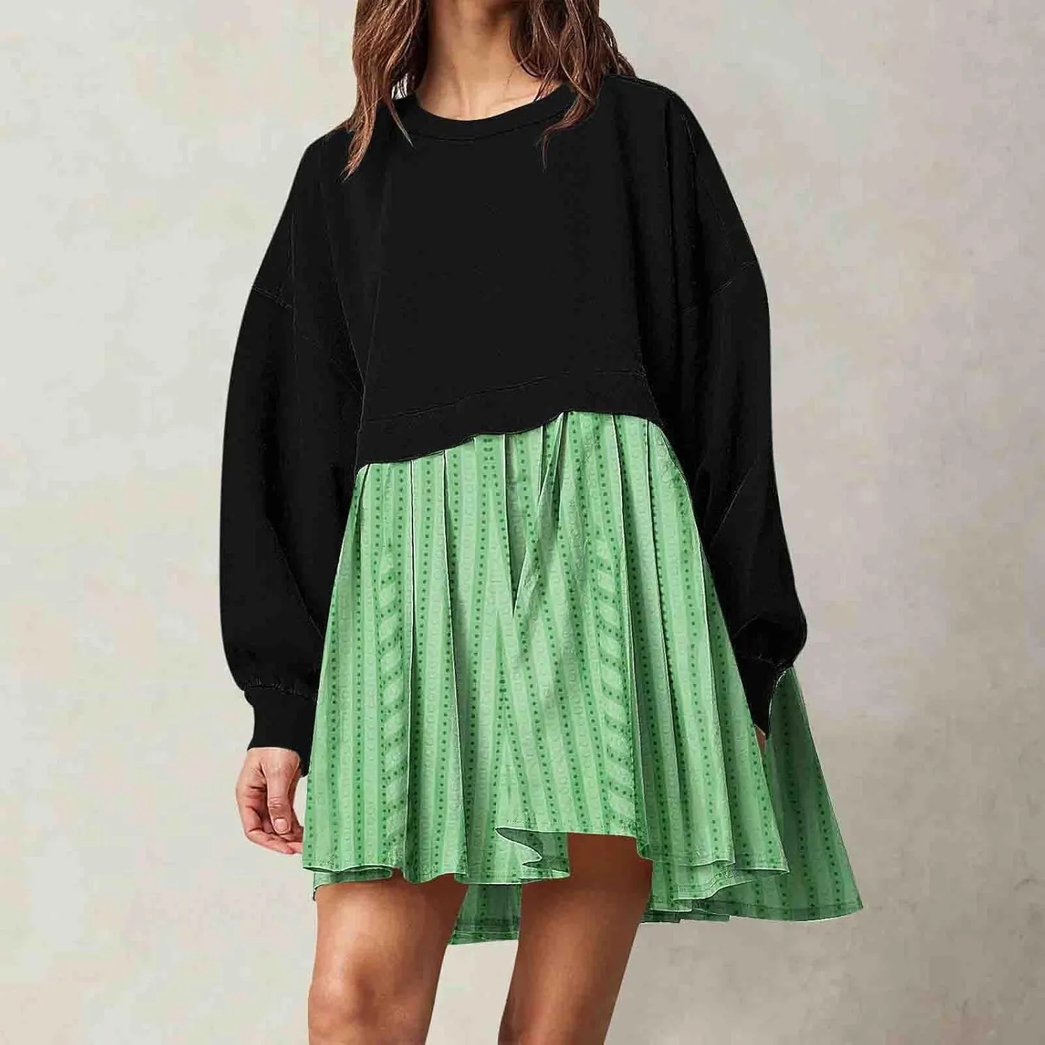 Sweatshirts Dresses for Women Crewneck Long Sleeve Patchwork Mini Dress Funny Print Graphic Shirt Loose Pullover Tops
