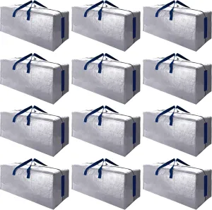SWEET DOLPHIN 12 Pack Extra Large Moving Bags with Strong Zippers & Carrying Handles, Heavy Duty Storage Tote for Space Saving Moving Storage, Fold Flat, Alternative to Moving Box (Silver)