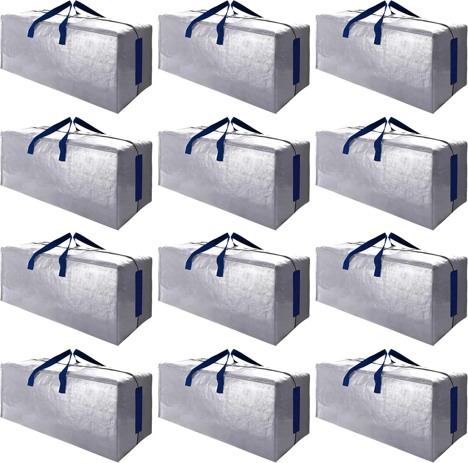 SWEET DOLPHIN 12 Pack Extra Large Moving Bags with Strong Zippers & Carrying Handles, Heavy Duty Storage Tote for Space Saving Moving Storage, Fold Flat, Alternative to Moving Box (Silver)