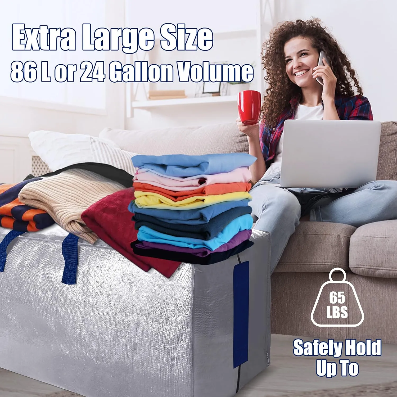 SWEET DOLPHIN 12 Pack Extra Large Moving Bags with Strong Zippers & Carrying Handles, Heavy Duty Storage Tote for Space Saving Moving Storage, Fold Flat, Alternative to Moving Box (Silver)