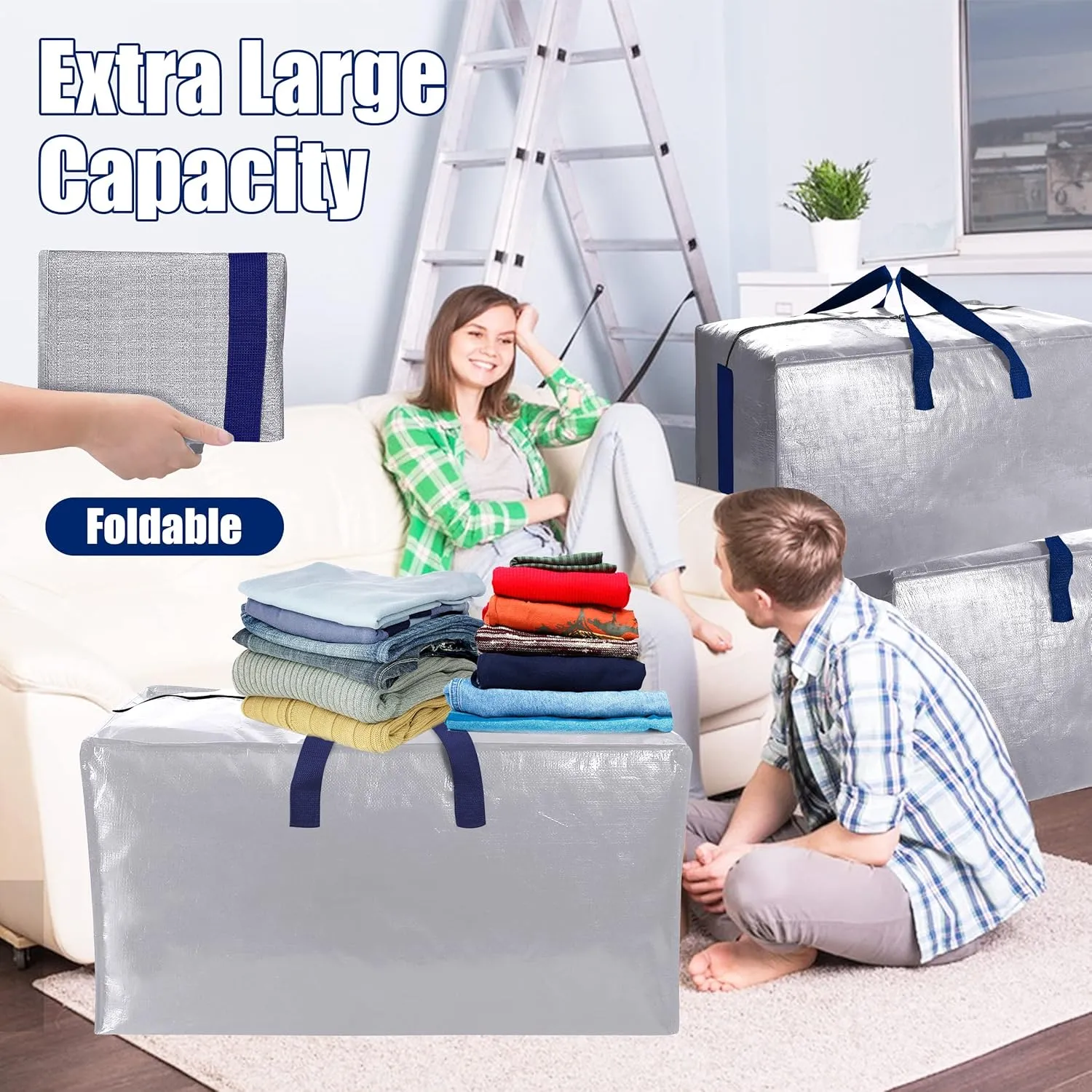 SWEET DOLPHIN 12 Pack Extra Large Moving Bags with Strong Zippers & Carrying Handles, Heavy Duty Storage Tote for Space Saving Moving Storage, Fold Flat, Alternative to Moving Box (Silver)