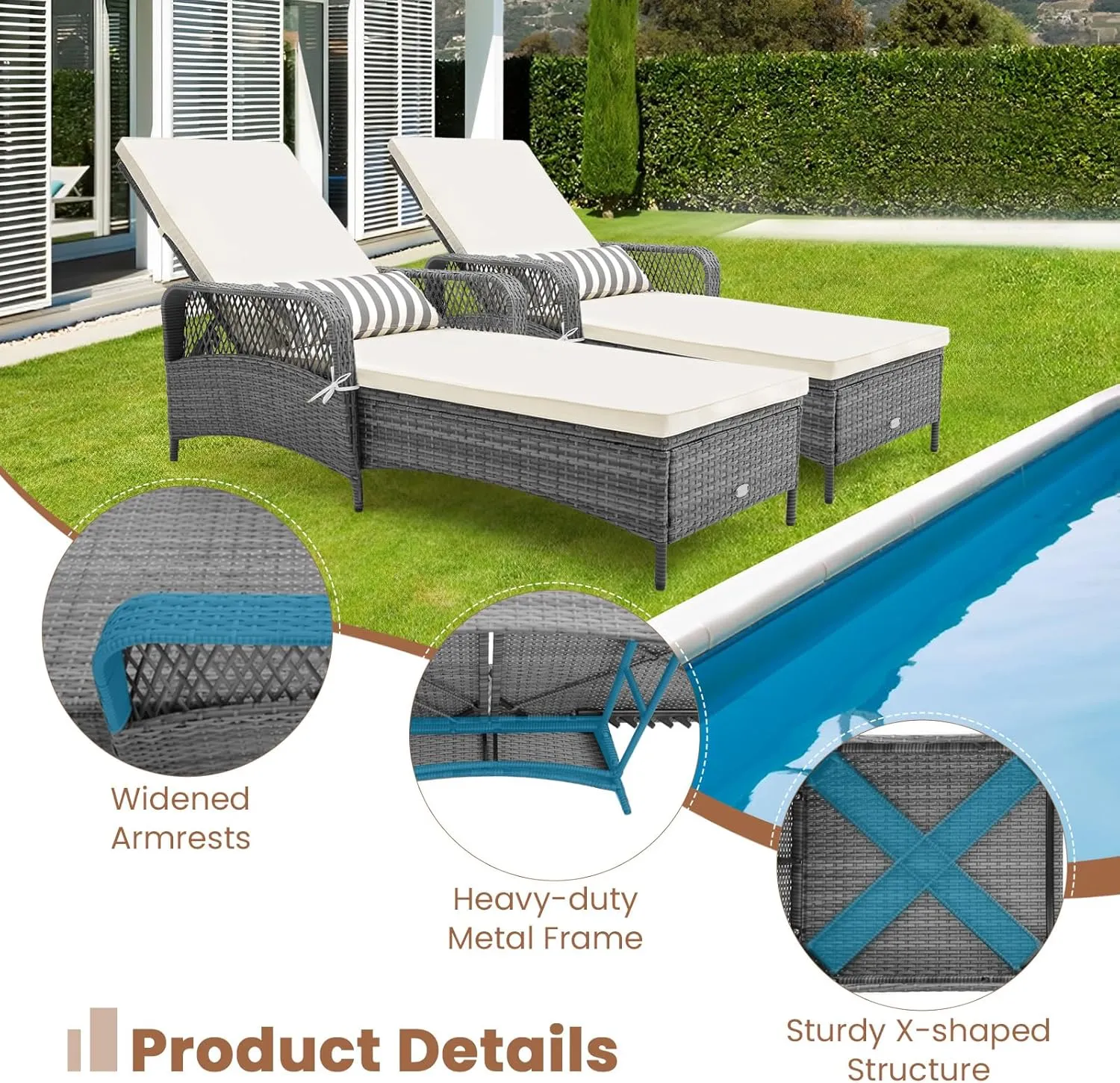 Tangkula Outdoor Chaise Lounge, Patio PE Recliner with 6-Level Backrest, Soft Seat Cushion & Waist Pillow, Heavy-Duty Metal Frame, Outside Chaise Lounge Chair for Poolside, Backyard