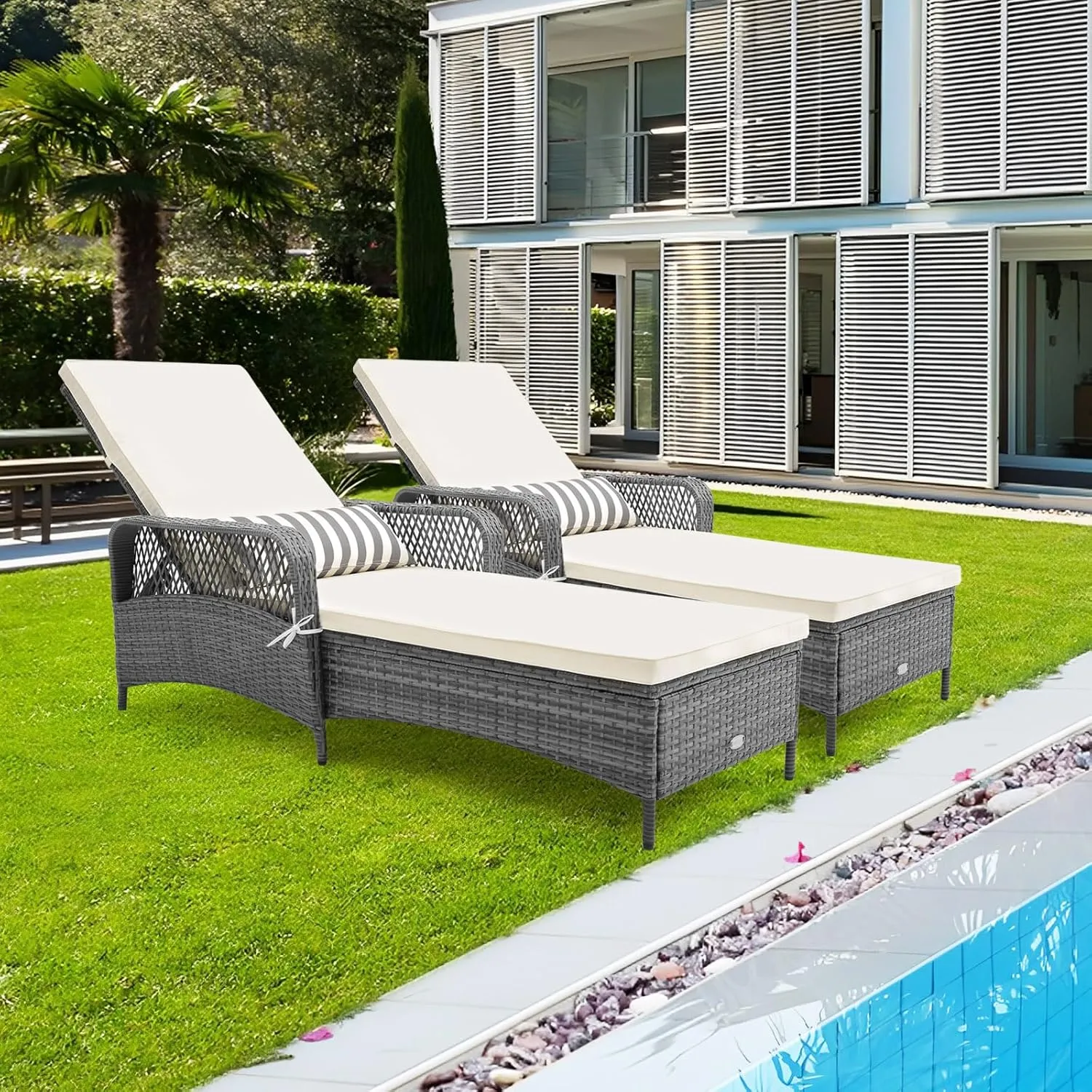 Tangkula Outdoor Chaise Lounge, Patio PE Recliner with 6-Level Backrest, Soft Seat Cushion & Waist Pillow, Heavy-Duty Metal Frame, Outside Chaise Lounge Chair for Poolside, Backyard