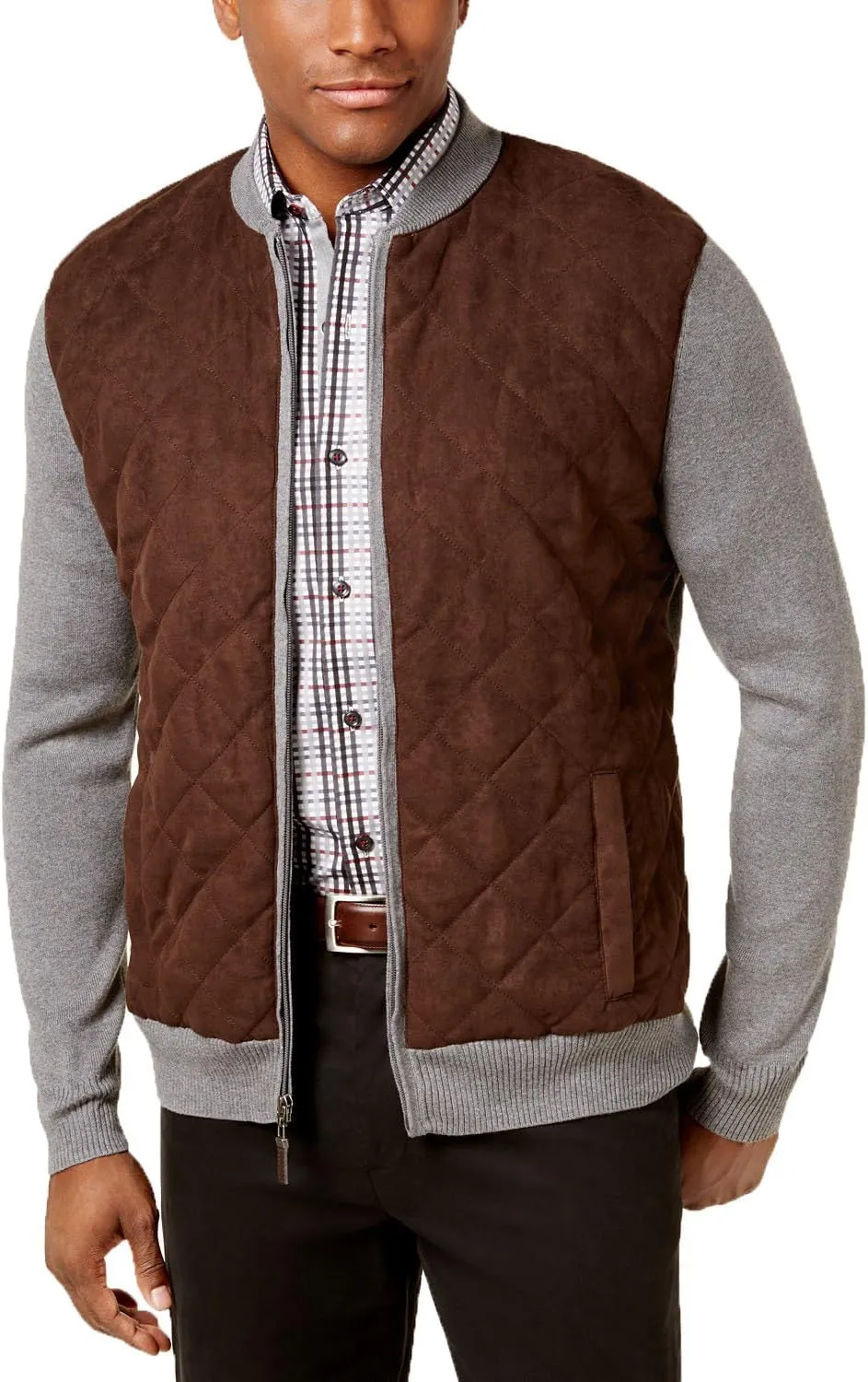 Tasso Elba Men's Quilted-Front Baseball Jacket, Steel Heather, XXL