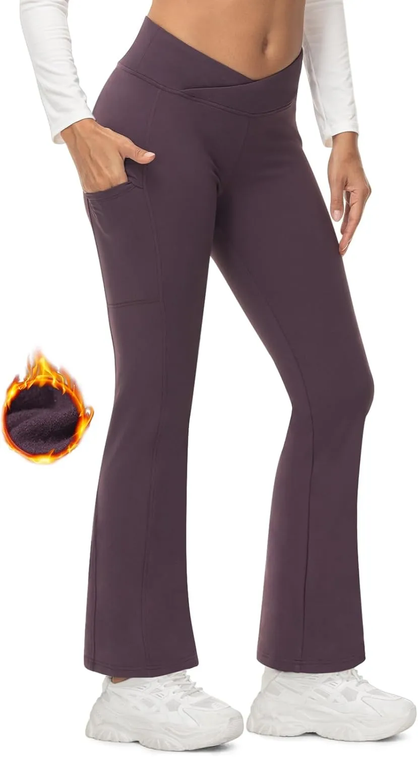 TBMPOY Women's Flare Fleece Lined Pants Bootcut Hiking Crossover Yoga Legging Winter Warm Thermal Outdoor