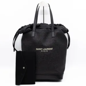 Teddy Drawstring Bucket Bag Black Raffia & Leather
