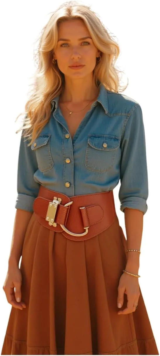 TFJ Women Wide Fashion Belt Hip High Waist Gold Metal Hook Buckle Size XS S M L Xl