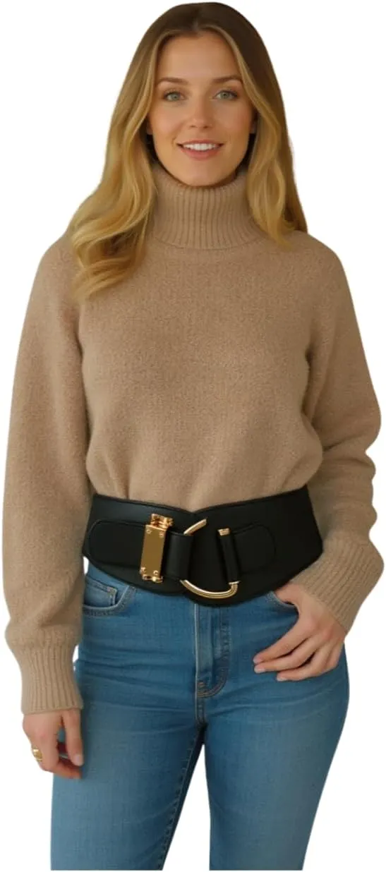 TFJ Women Wide Fashion Belt Hip High Waist Gold Metal Hook Buckle Size XS S M L Xl