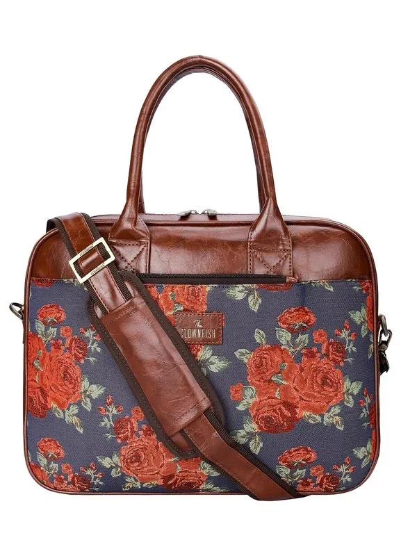 THE CLOWNFISH Deborah series 15.6 inch Laptop Bag For Women Tapestry Fabric & Faux Leather Office Bag Briefcase Messenger Sling Handbag Business Bag (Sky Blue-Floral)