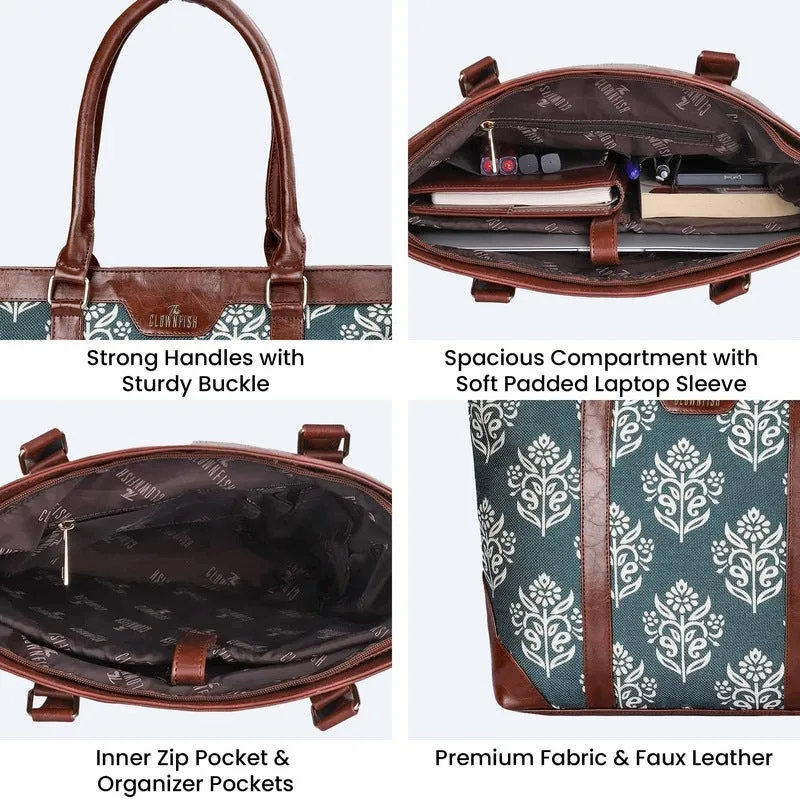 THE CLOWNFISH Miranda Series 15.6 inch Laptop Bag For Women Printed Handicraft Fabric & Faux Leather Office Bag Briefcase Hand Messenger bag Tote Shoulder Bag (Dark Green)