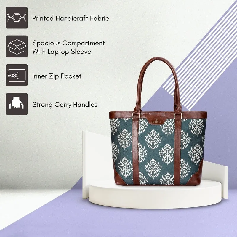 THE CLOWNFISH Miranda Series 15.6 inch Laptop Bag For Women Printed Handicraft Fabric & Faux Leather Office Bag Briefcase Hand Messenger bag Tote Shoulder Bag (Dark Green)