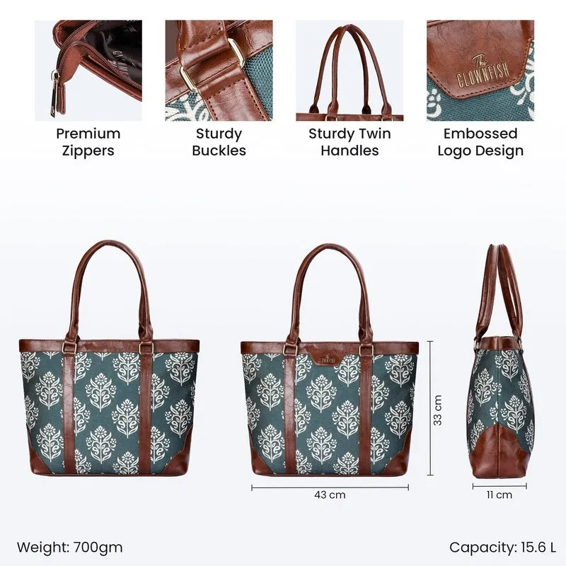 THE CLOWNFISH Miranda Series 15.6 inch Laptop Bag For Women Printed Handicraft Fabric & Faux Leather Office Bag Briefcase Hand Messenger bag Tote Shoulder Bag (Dark Green)