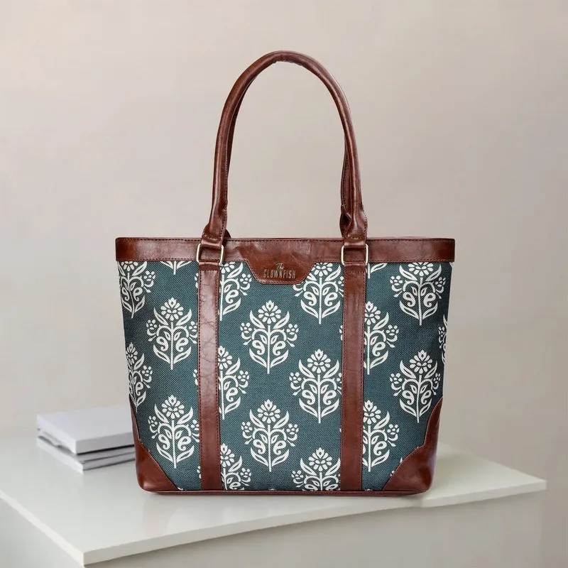 THE CLOWNFISH Miranda Series 15.6 inch Laptop Bag For Women Printed Handicraft Fabric & Faux Leather Office Bag Briefcase Hand Messenger bag Tote Shoulder Bag (Dark Green)