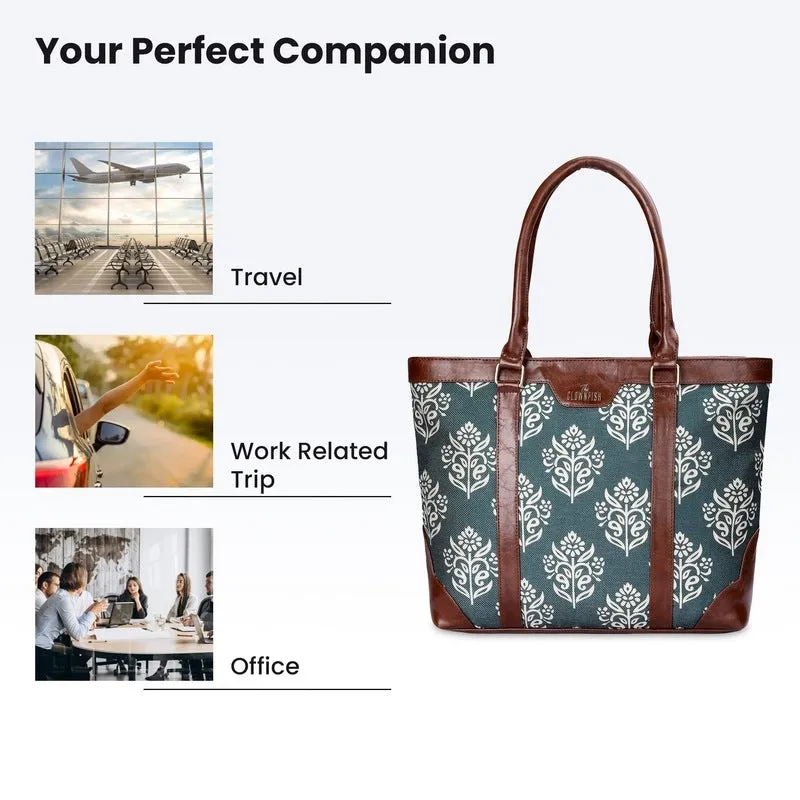 THE CLOWNFISH Miranda Series 15.6 inch Laptop Bag For Women Printed Handicraft Fabric & Faux Leather Office Bag Briefcase Hand Messenger bag Tote Shoulder Bag (Dark Green)