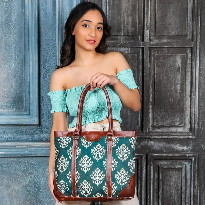THE CLOWNFISH Miranda Series 15.6 inch Laptop Bag For Women Printed Handicraft Fabric & Faux Leather Office Bag Briefcase Hand Messenger bag Tote Shoulder Bag (Dark Green)