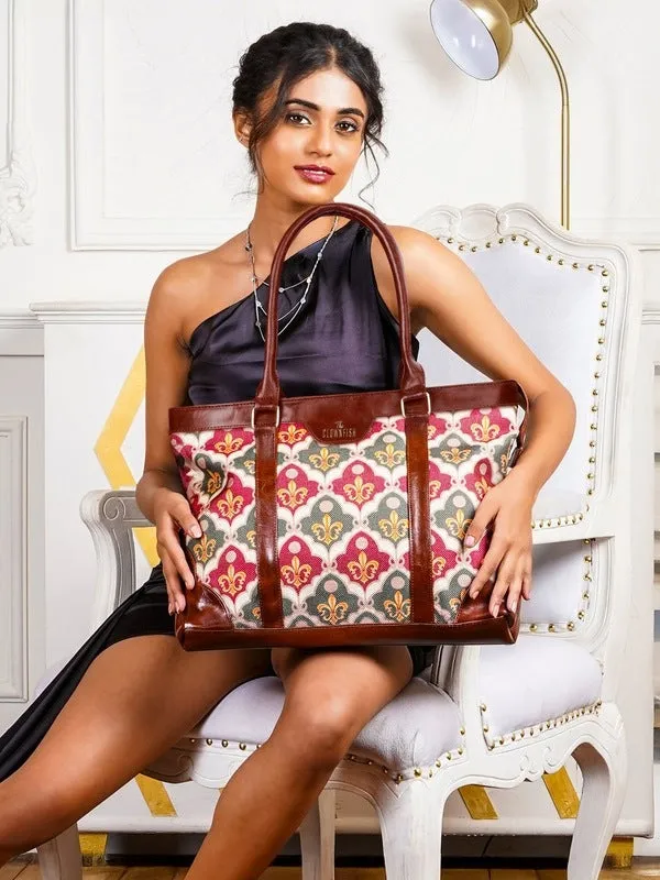 THE CLOWNFISH Miranda Series 15.6 inch Laptop Bag For Women Printed Handicraft Fabric & Faux Leather Office Bag Briefcase Hand Messenger bag Tote Shoulder Bag (Pink-Rangoli Design)