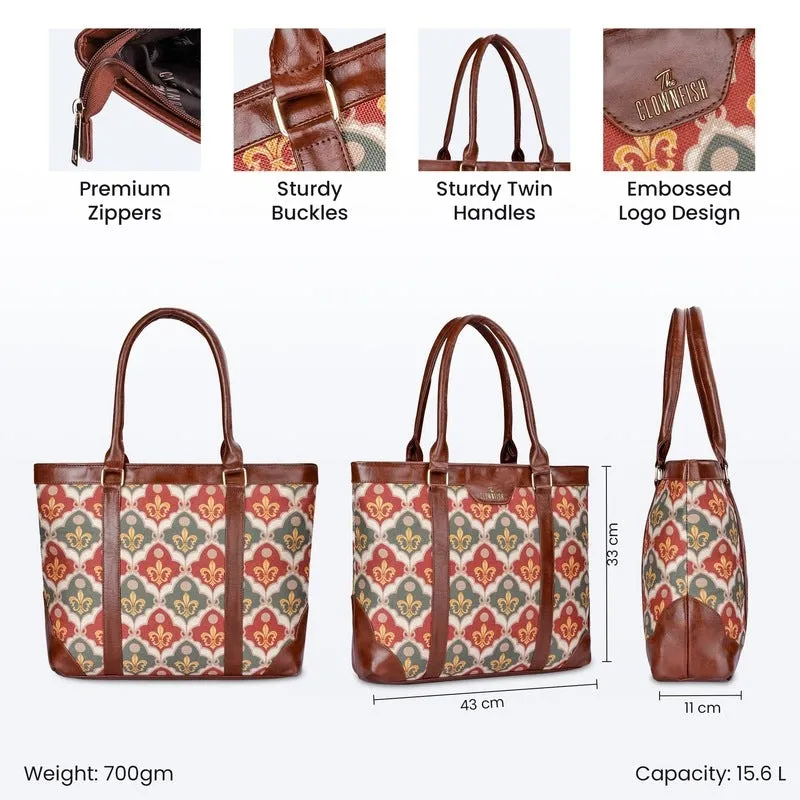 THE CLOWNFISH Miranda Series 15.6 inch Laptop Bag For Women Printed Handicraft Fabric & Faux Leather Office Bag Briefcase Hand Messenger bag Tote Shoulder Bag (Pink-Rangoli Design)