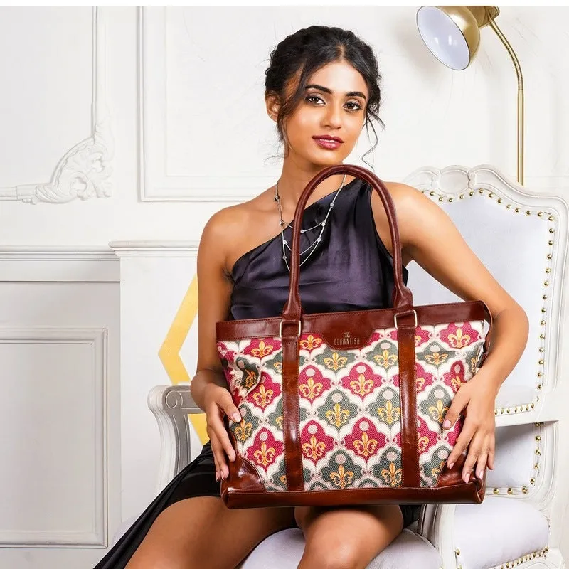 THE CLOWNFISH Miranda Series 15.6 inch Laptop Bag For Women Printed Handicraft Fabric & Faux Leather Office Bag Briefcase Hand Messenger bag Tote Shoulder Bag (Pink-Rangoli Design)