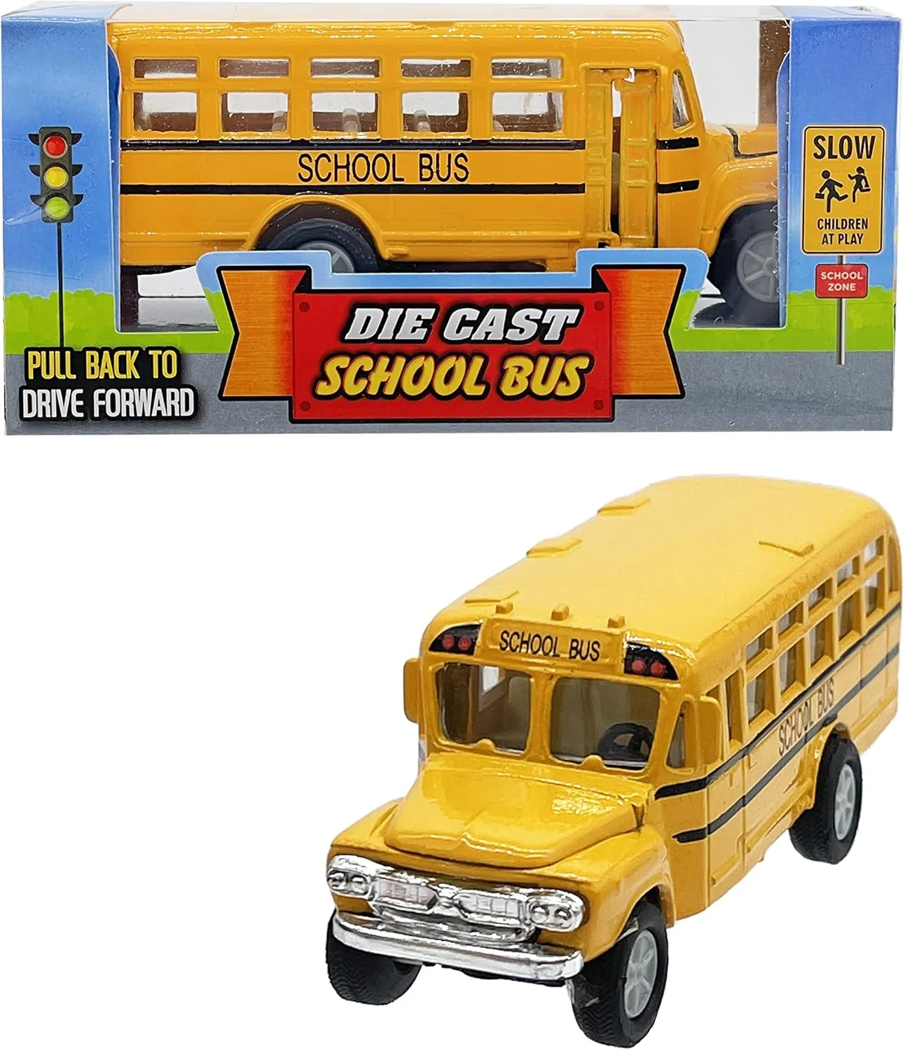 The Dreidel Company Die-Cast Pull Back School Bus, Toy Play Vehicles Car for Kids, Party Favor (4.75"-School Bus, 2-Pack)