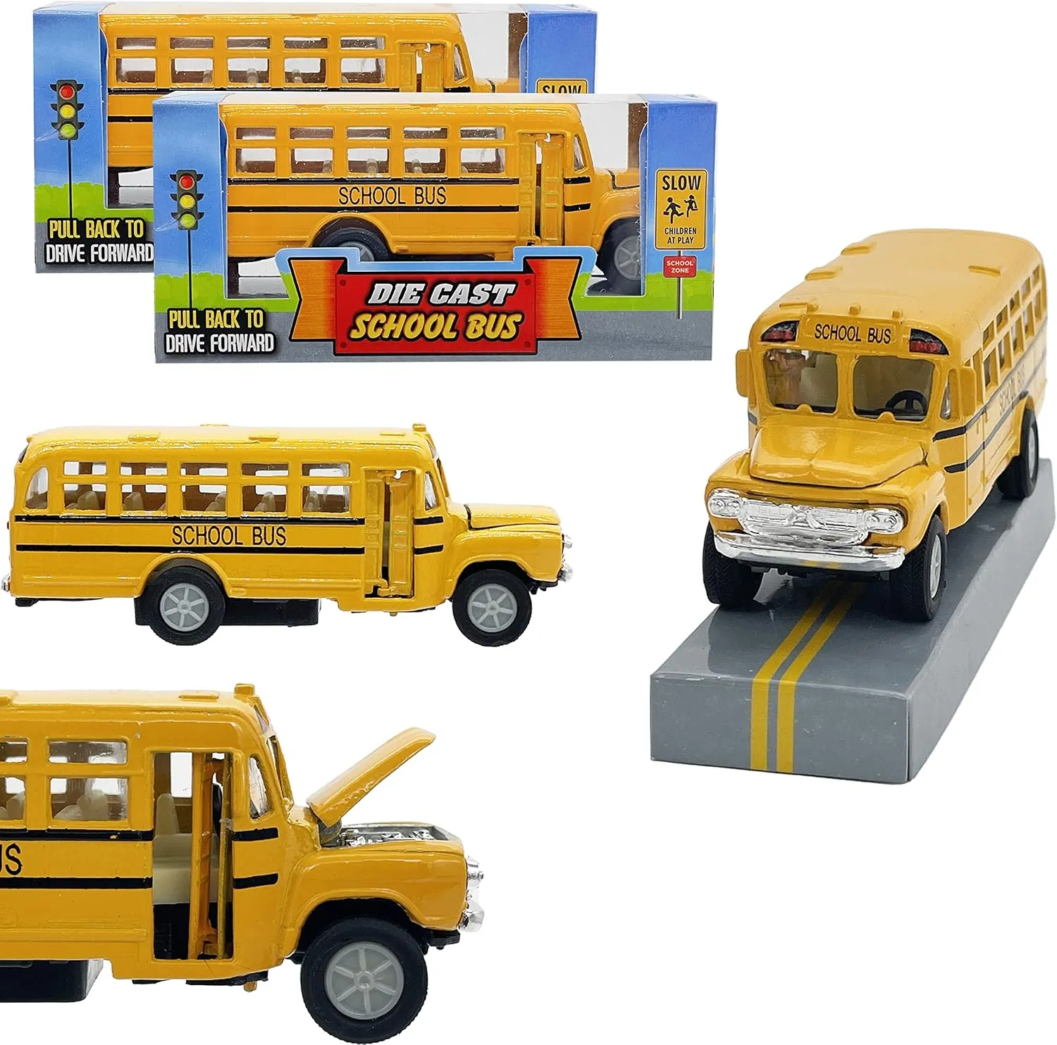The Dreidel Company Die-Cast Pull Back School Bus, Toy Play Vehicles Car for Kids, Party Favor (4.75"-School Bus, 2-Pack)