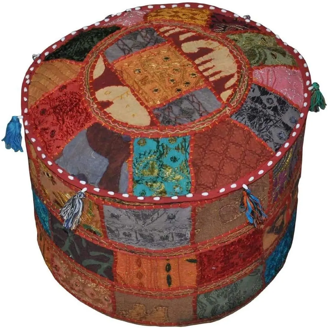 The Harry Creations Decorative Patchwork Comfortable Indian Ottoman Ethnic Cotton Cushion Bean Bag Designs Floor Embroidered Pouf Cover (Alteration, 18"x13")