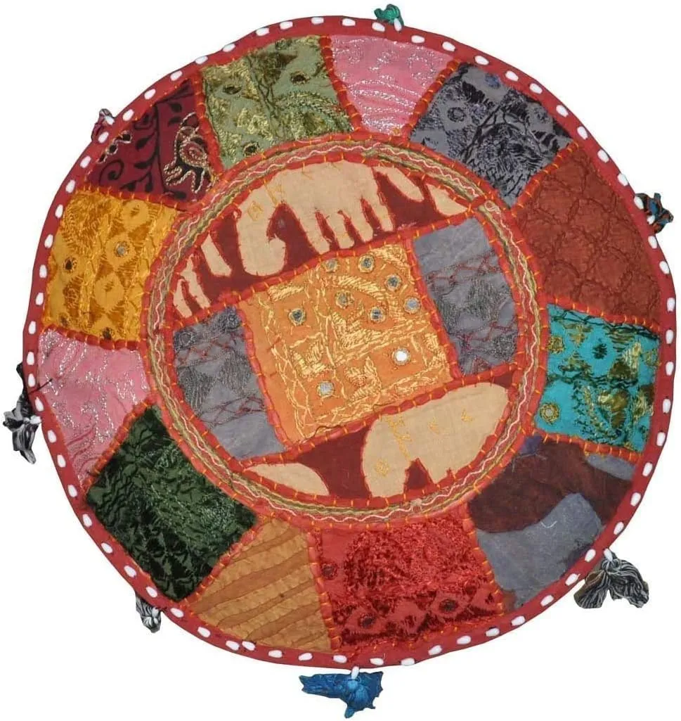 The Harry Creations Decorative Patchwork Comfortable Indian Ottoman Ethnic Cotton Cushion Bean Bag Designs Floor Embroidered Pouf Cover (Alteration, 18"x13")