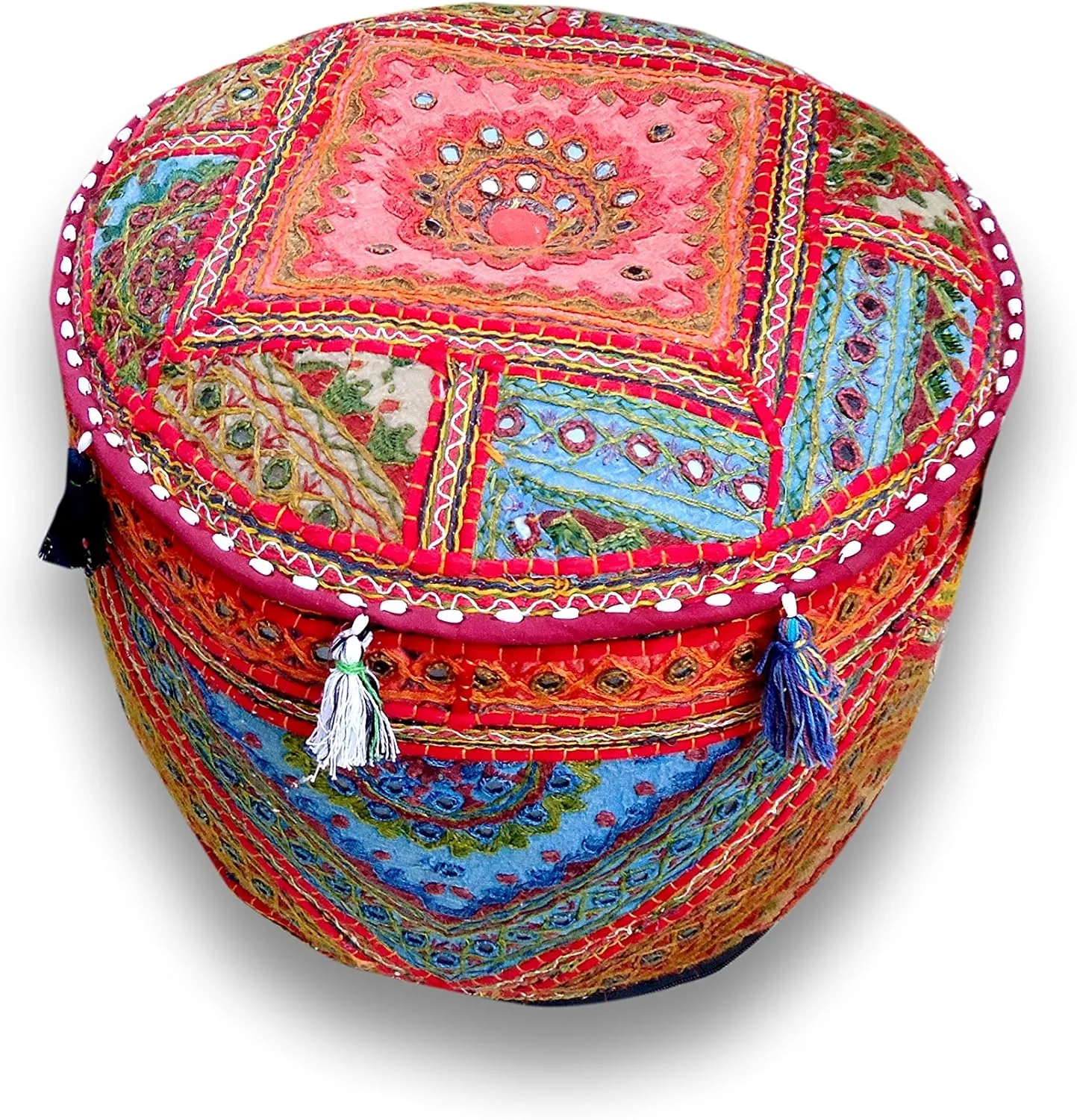 The Harry Creations Decorative Patchwork Comfortable Indian Ottoman Ethnic Cotton Cushion Bean Bag Designs Floor Embroidered Pouf Cover (Alteration-Mirror, 18"x13")