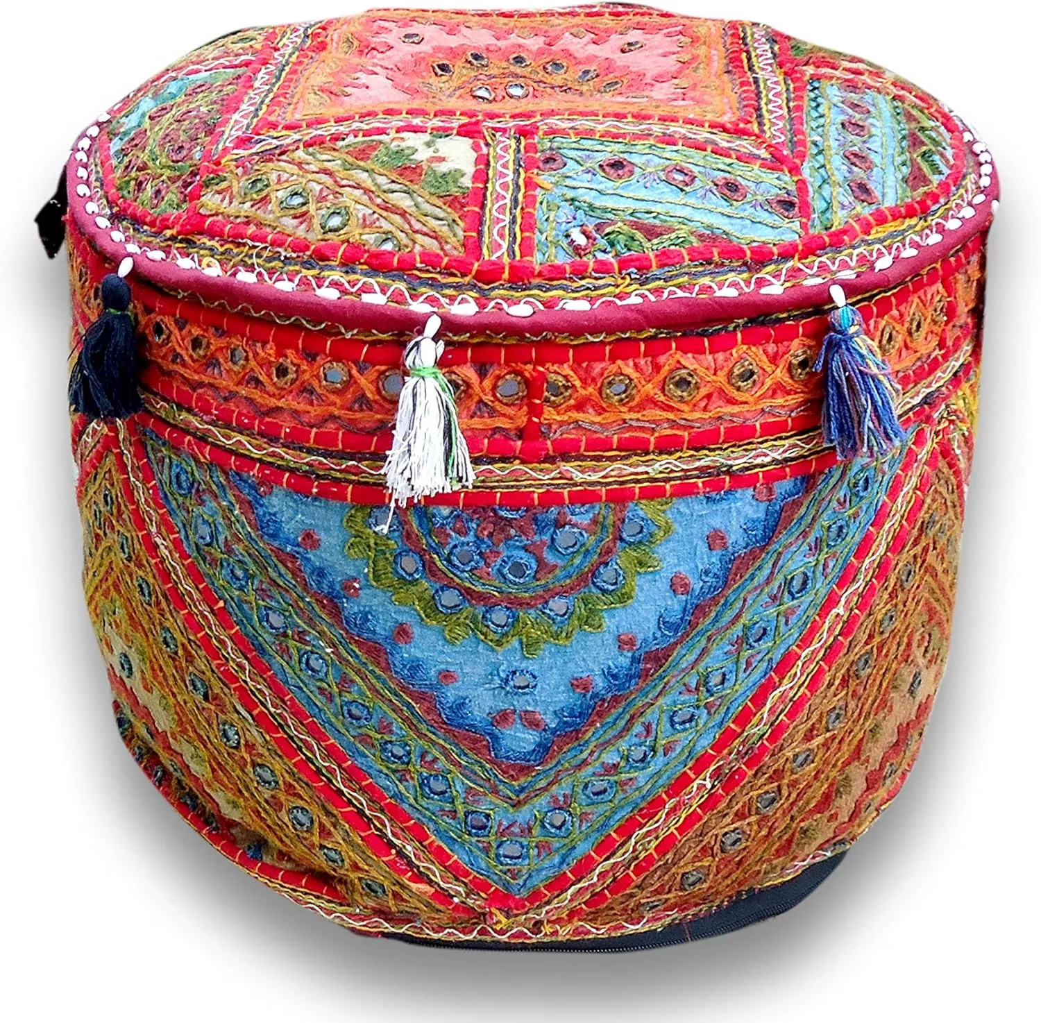 The Harry Creations Decorative Patchwork Comfortable Indian Ottoman Ethnic Cotton Cushion Bean Bag Designs Floor Embroidered Pouf Cover (Alteration-Mirror, 18"x13")
